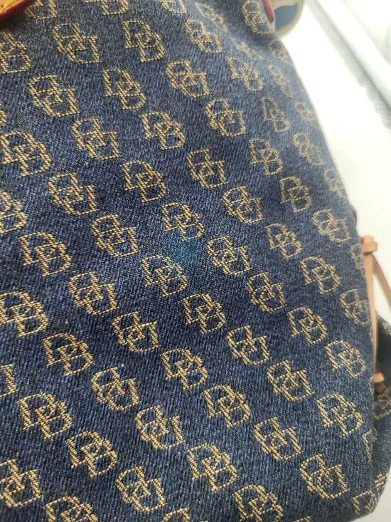 Dooney & Bourke Blue Denim Logo Brocade Shoulder Bag Brown Leather Red Interior - Picture 10 of 13